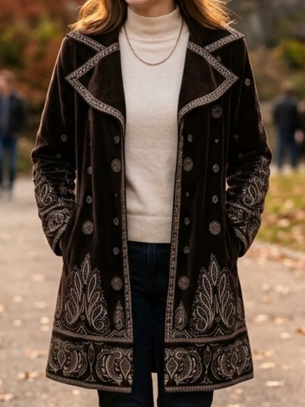 Nygard Collection Woman's Long Boho Embroidered Velvet Coat Chocolate Brown